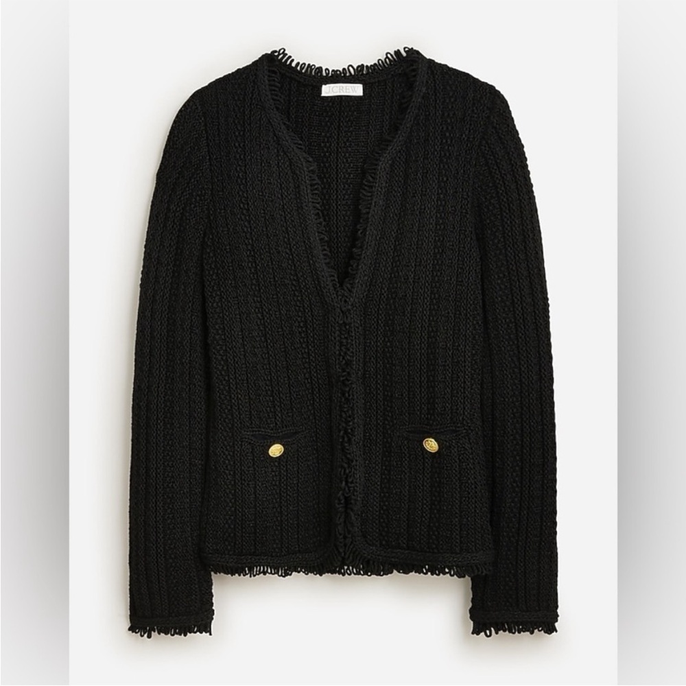 J. Crew Textured Cable-Knit Lady Jacket with Fringe Small Black